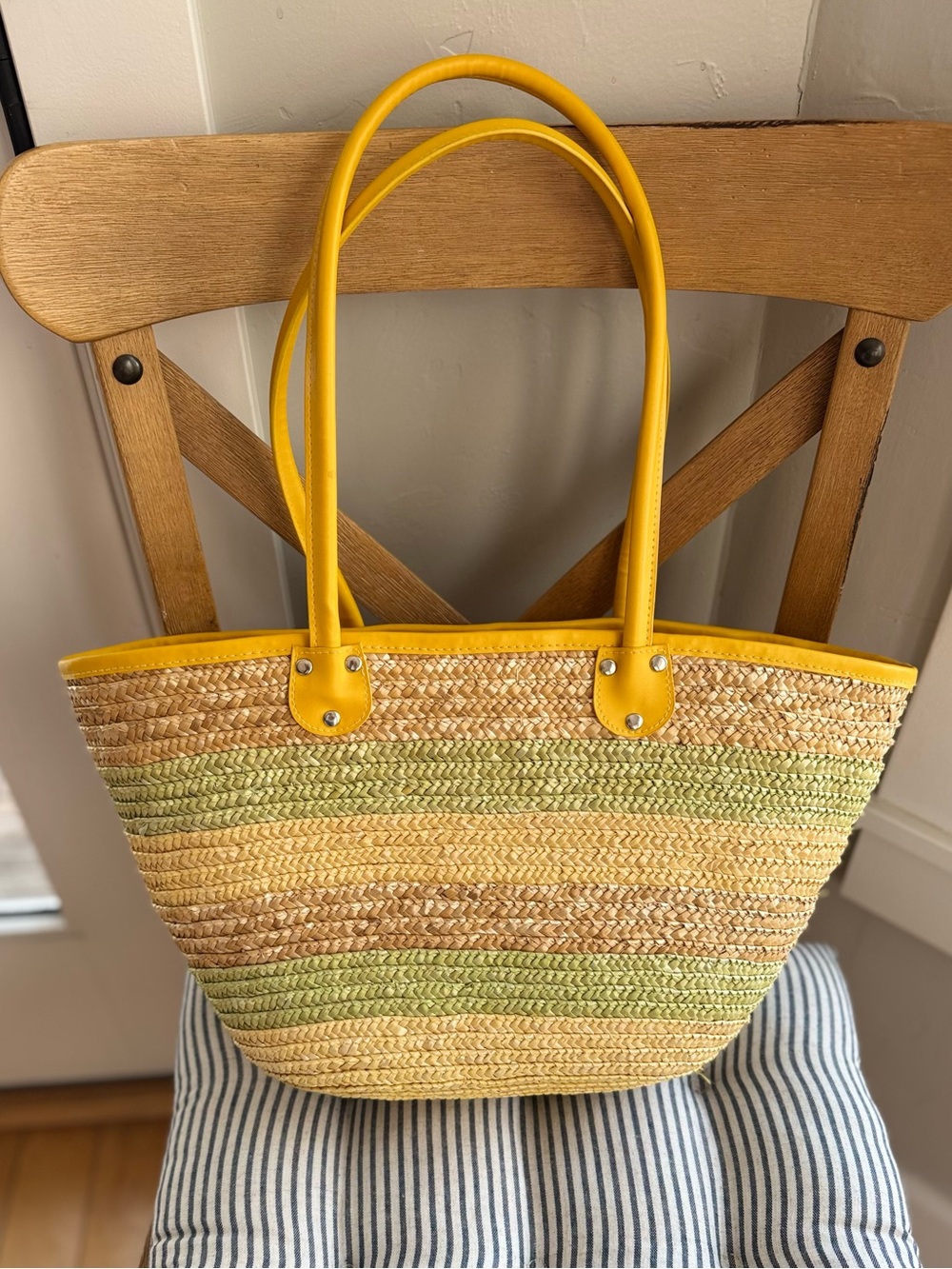 Vintage Yellow Green Stripe Straw Raffia Oversized Beach Bag Tote
